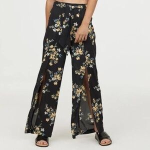 Divided Black Floral Wide-Leg Pants with Front Slits